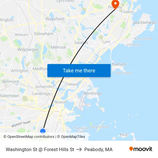 Washington St @ Forest Hills St to Peabody, MA map