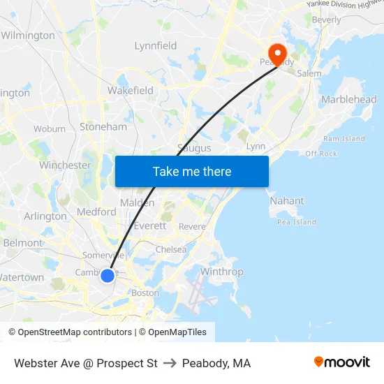 Webster Ave @ Prospect St to Peabody, MA map