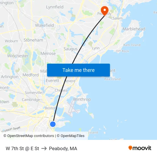 W 7th St @ E St to Peabody, MA map