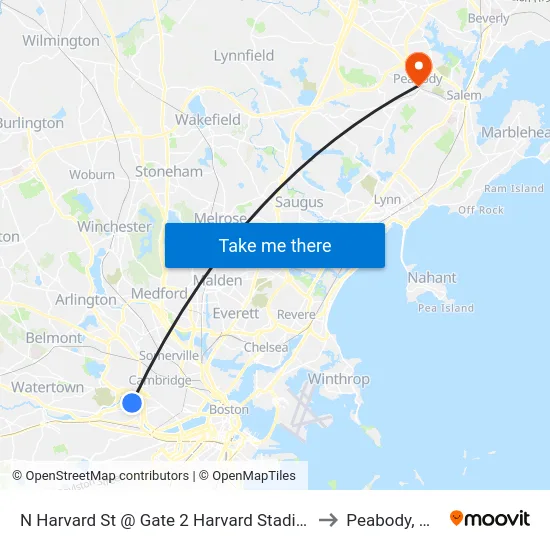 N Harvard St @ Gate 2 Harvard Stadium to Peabody, MA map