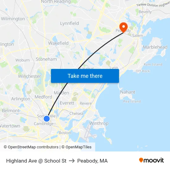 Highland Ave @ School St to Peabody, MA map