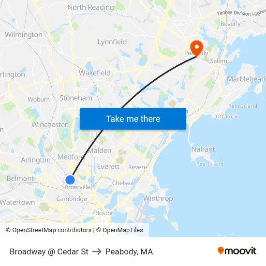 Broadway @ Cedar St to Peabody, MA map