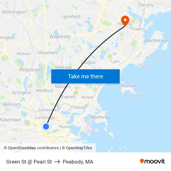 Green St @ Pearl St to Peabody, MA map