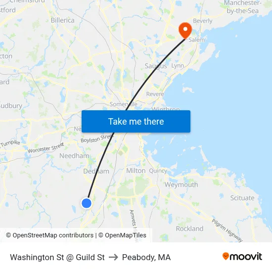 Washington St @ Guild St to Peabody, MA map