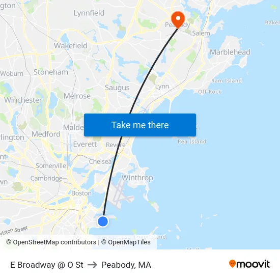 E Broadway @ O St to Peabody, MA map