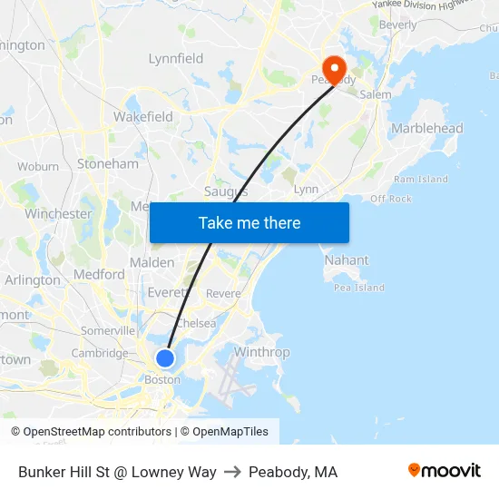 Bunker Hill St @ Lowney Way to Peabody, MA map