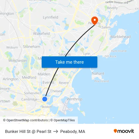 Bunker Hill St @ Pearl St to Peabody, MA map