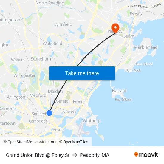 Grand Union Blvd @ Foley St to Peabody, MA map