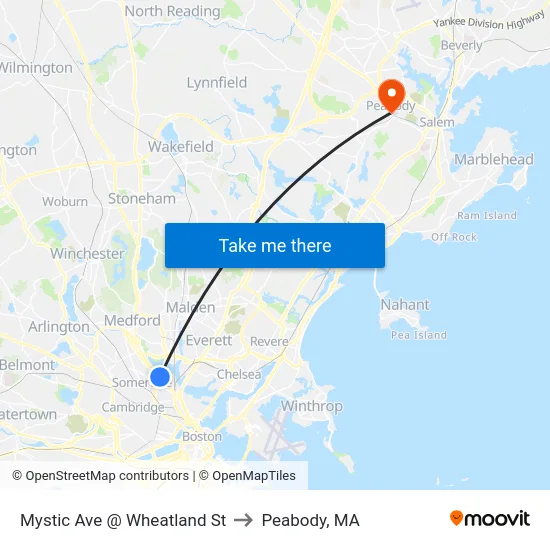 Mystic Ave @ Wheatland St to Peabody, MA map