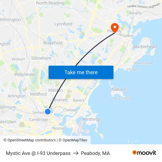 Mystic Ave @ I-93 Underpass to Peabody, MA map