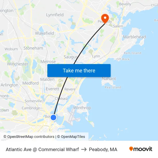 Atlantic Ave @ Commercial Wharf to Peabody, MA map
