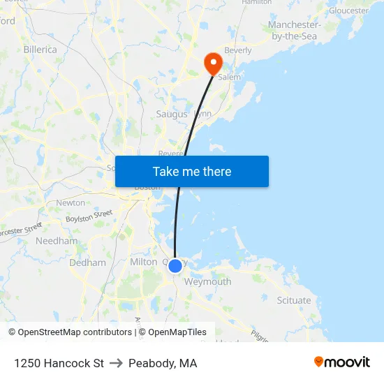 1250 Hancock St to Peabody, MA map
