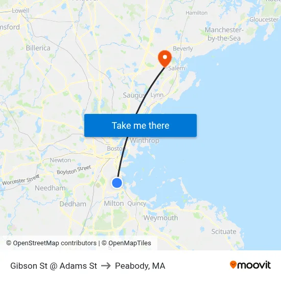 Gibson St @ Adams St to Peabody, MA map