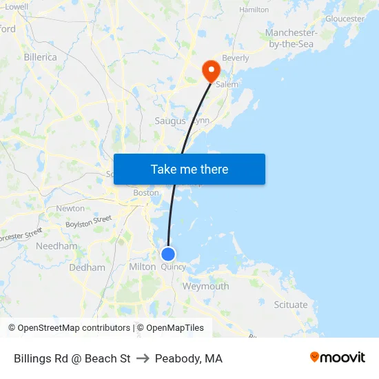 Billings Rd @ Beach St to Peabody, MA map