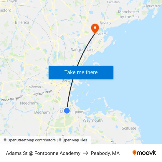 Adams St @ Fontbonne Academy to Peabody, MA map