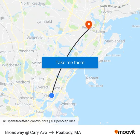 Broadway @ Cary Ave to Peabody, MA map