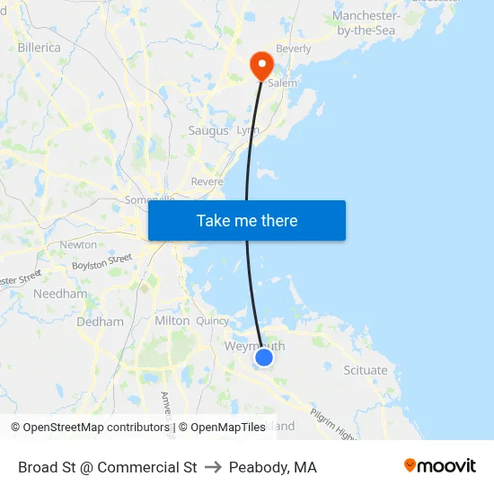 Broad St @ Commercial St to Peabody, MA map