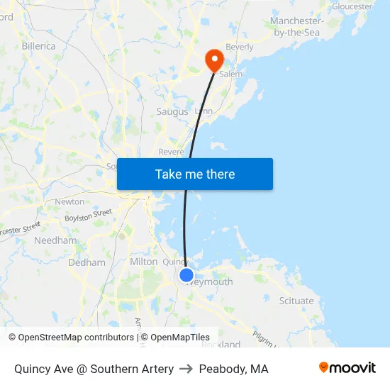 Quincy Ave @ Southern Artery to Peabody, MA map