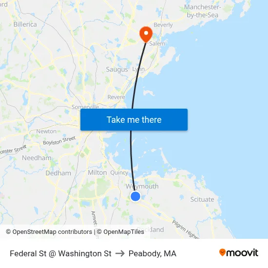 Federal St @ Washington St to Peabody, MA map