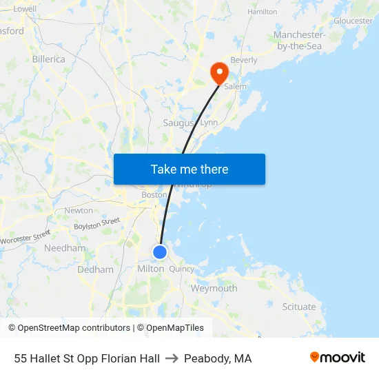 55 Hallet St Opp Florian Hall to Peabody, MA map