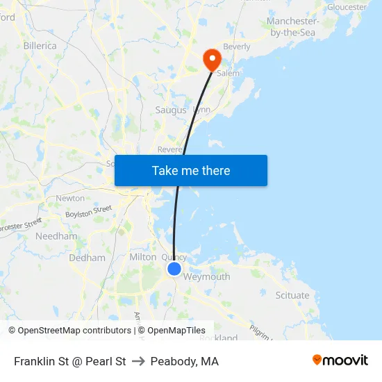 Franklin St @ Pearl St to Peabody, MA map