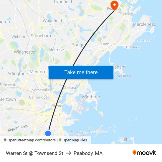 Warren St @ Townsend St to Peabody, MA map