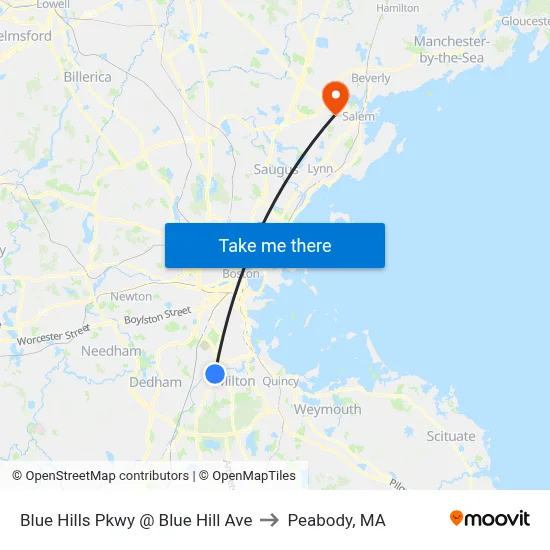 Blue Hills Pkwy @ Blue Hill Ave to Peabody, MA map