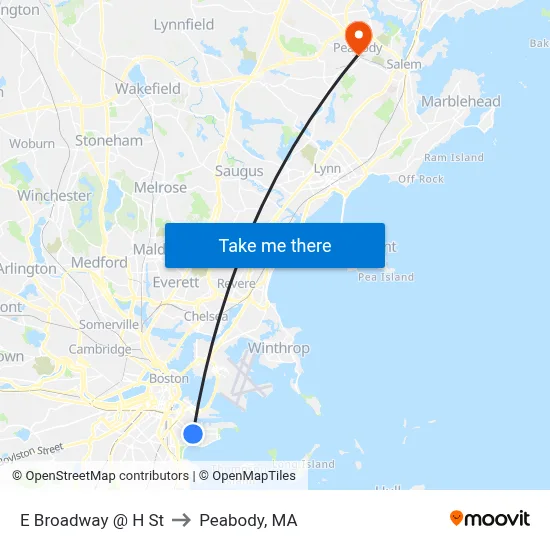 E Broadway @ H St to Peabody, MA map