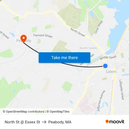 North St @ Essex St to Peabody, MA map