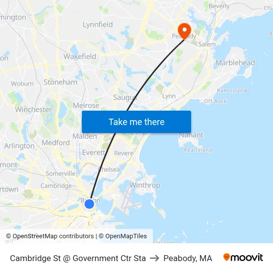 Cambridge St @ Government Ctr Sta to Peabody, MA map