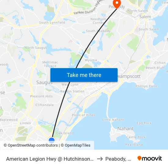 American Legion Hwy @ Hutchinson St to Peabody, MA map