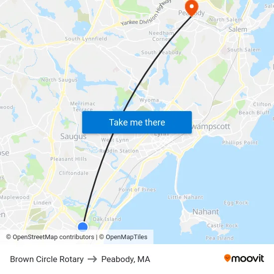 Brown Circle Rotary to Peabody, MA map