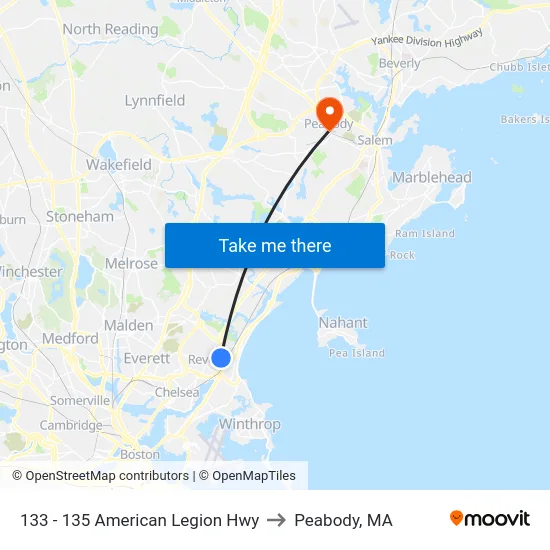 133 - 135 American Legion Hwy to Peabody, MA map