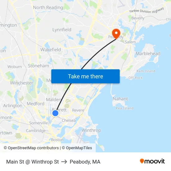 Main St @ Winthrop St to Peabody, MA map