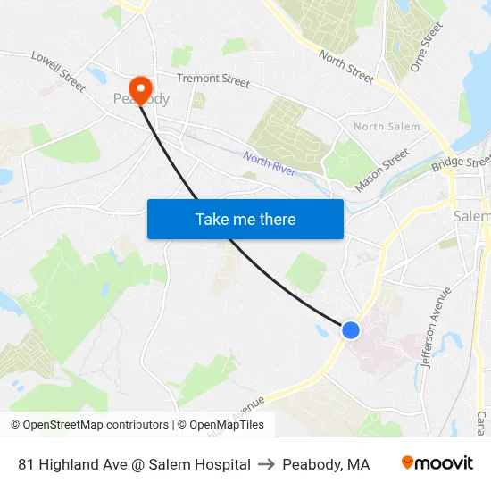 81 Highland Ave @ Salem Hospital to Peabody, MA map