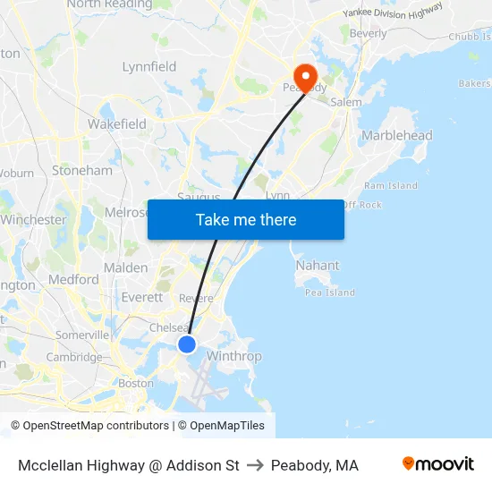 Mcclellan Highway @ Addison St to Peabody, MA map