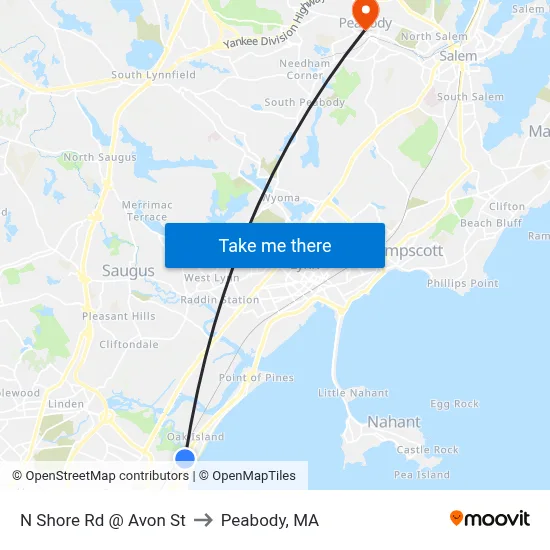 N Shore Rd @ Avon St to Peabody, MA map