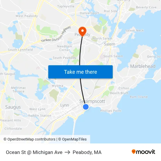 Ocean St @ Michigan Ave to Peabody, MA map