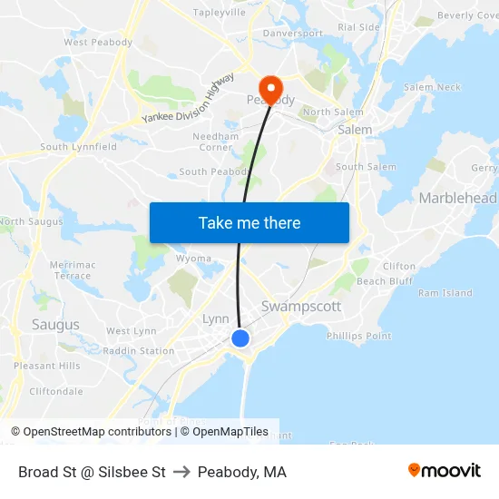 Broad St @ Silsbee St to Peabody, MA map