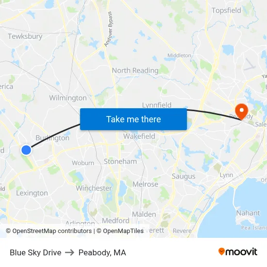 Blue Sky Drive to Peabody, MA map