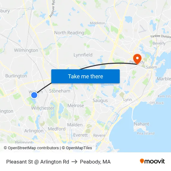 Pleasant St @ Arlington Rd to Peabody, MA map