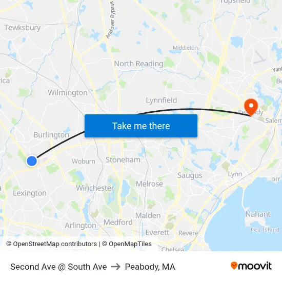 Second Ave @ South Ave to Peabody, MA map