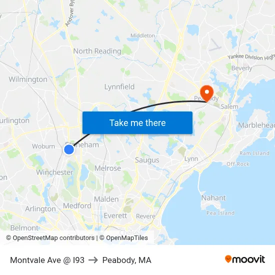 Montvale Ave @ I93 to Peabody, MA map