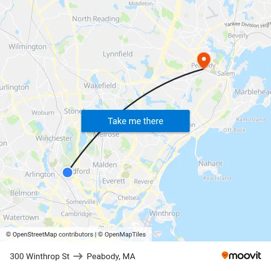 300 Winthrop St to Peabody, MA map