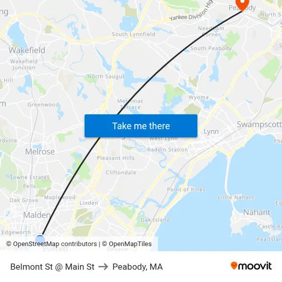 Belmont St @ Main St to Peabody, MA map