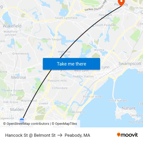 Hancock St @ Belmont St to Peabody, MA map