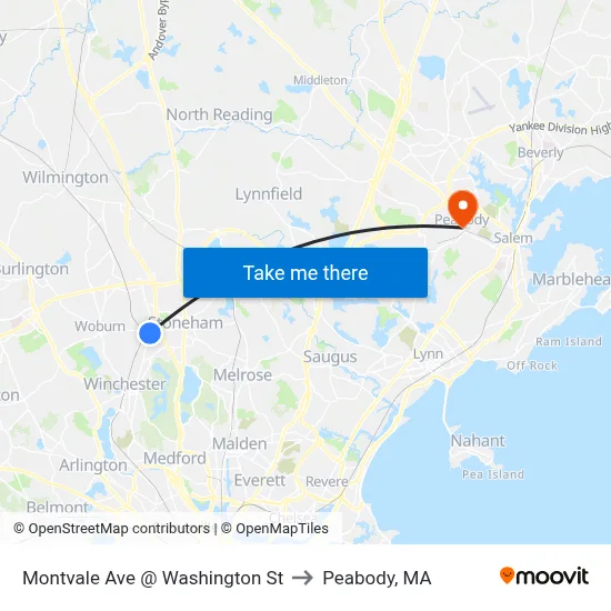Montvale Ave @ Washington St to Peabody, MA map