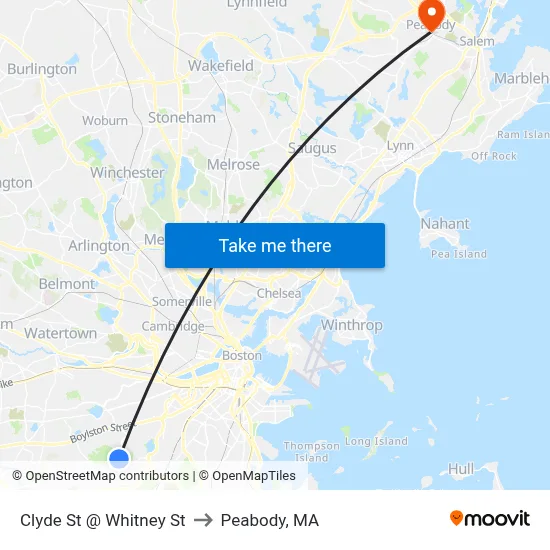 Clyde St @ Whitney St to Peabody, MA map