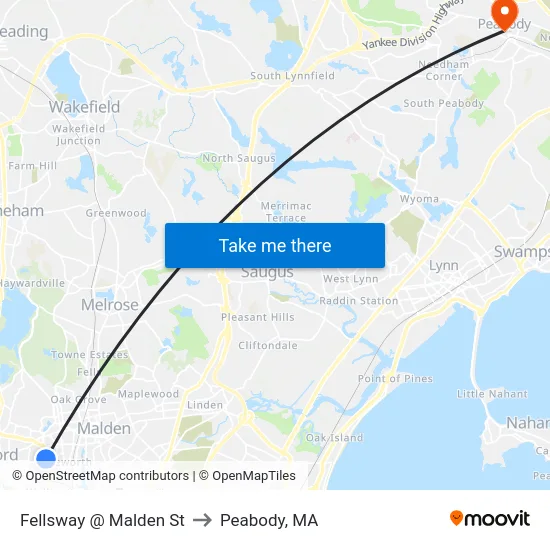 Fellsway @ Malden St to Peabody, MA map