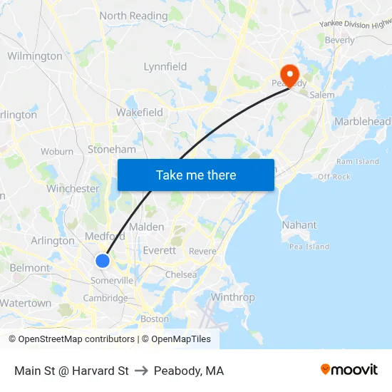 Main St @ Harvard St to Peabody, MA map